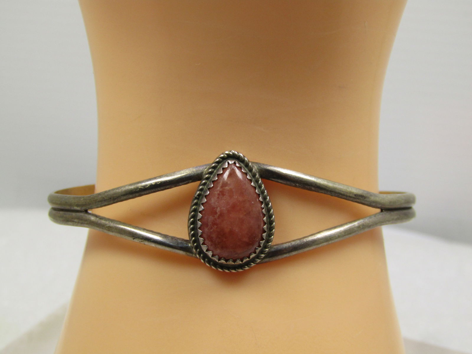 Vintage Sterling Southwestern Pink Quartz Cuff Bracelet, 6.5", 1970's-1980's, Signed B (1 of 6)
