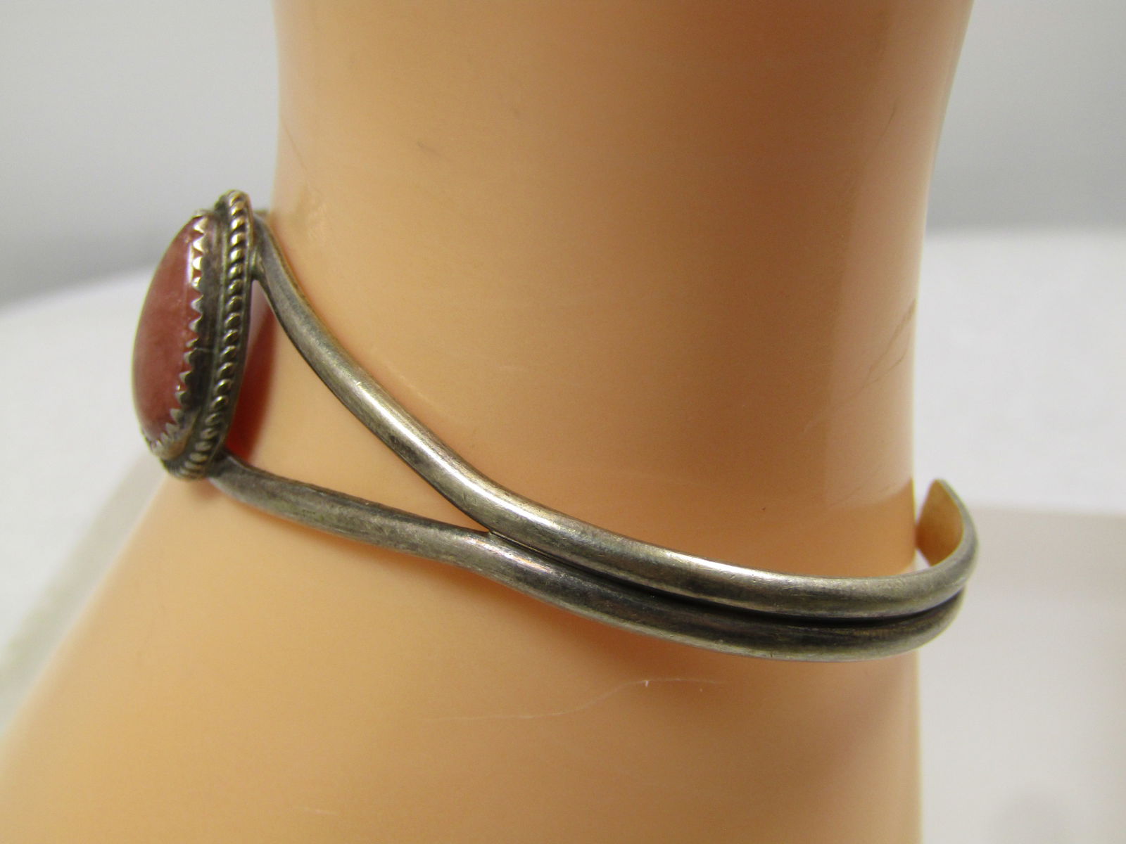 Vintage Sterling Southwestern Pink Quartz Cuff Bracelet, 6.5", 1970's-1980's, Signed B - 2