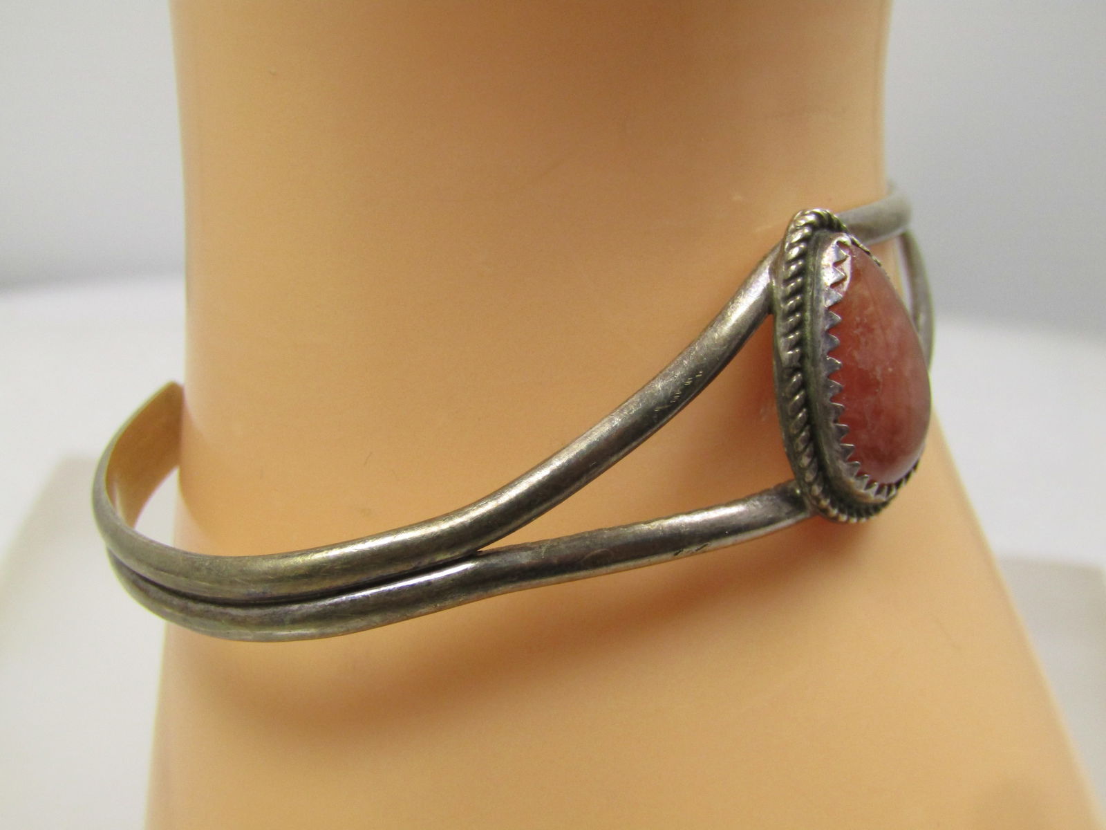 Vintage Sterling Southwestern Pink Quartz Cuff Bracelet, 6.5", 1970's-1980's, Signed B - 3