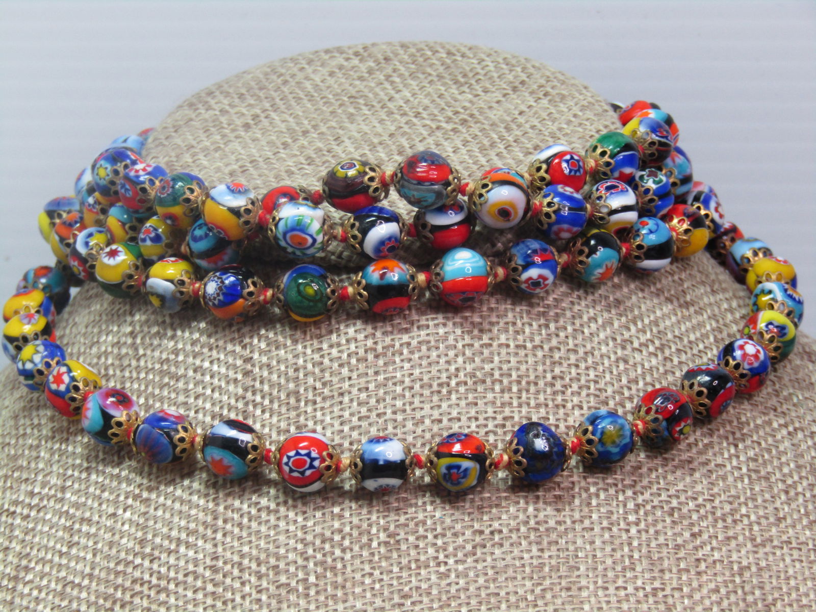 Vintage 49" Millefiori 8mm Beaded Necklace, Knotted Between Beads, 1960's. - 3
