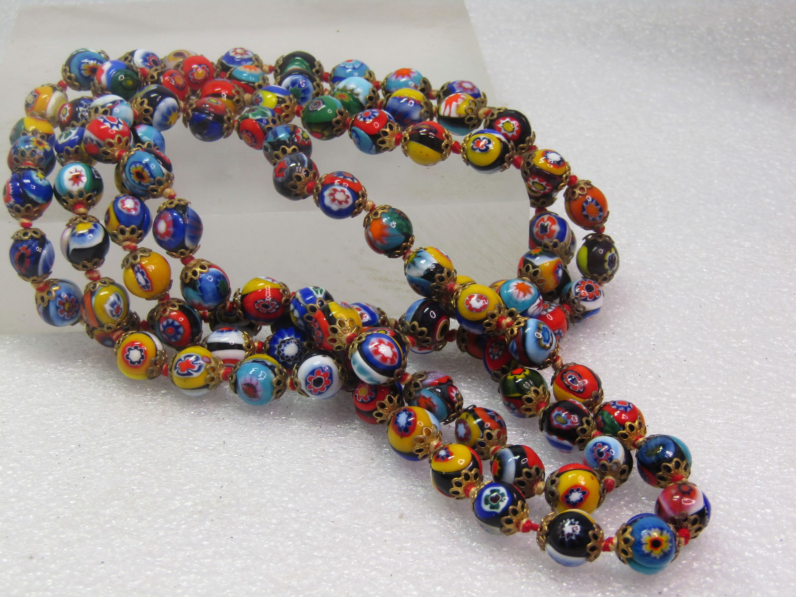 Vintage 49" Millefiori 8mm Beaded Necklace, Knotted Between Beads, 1960's. - 4