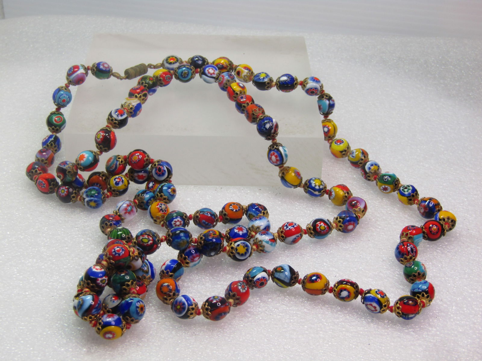 Vintage 49" Millefiori 8mm Beaded Necklace, Knotted Between Beads, 1960's. - 5
