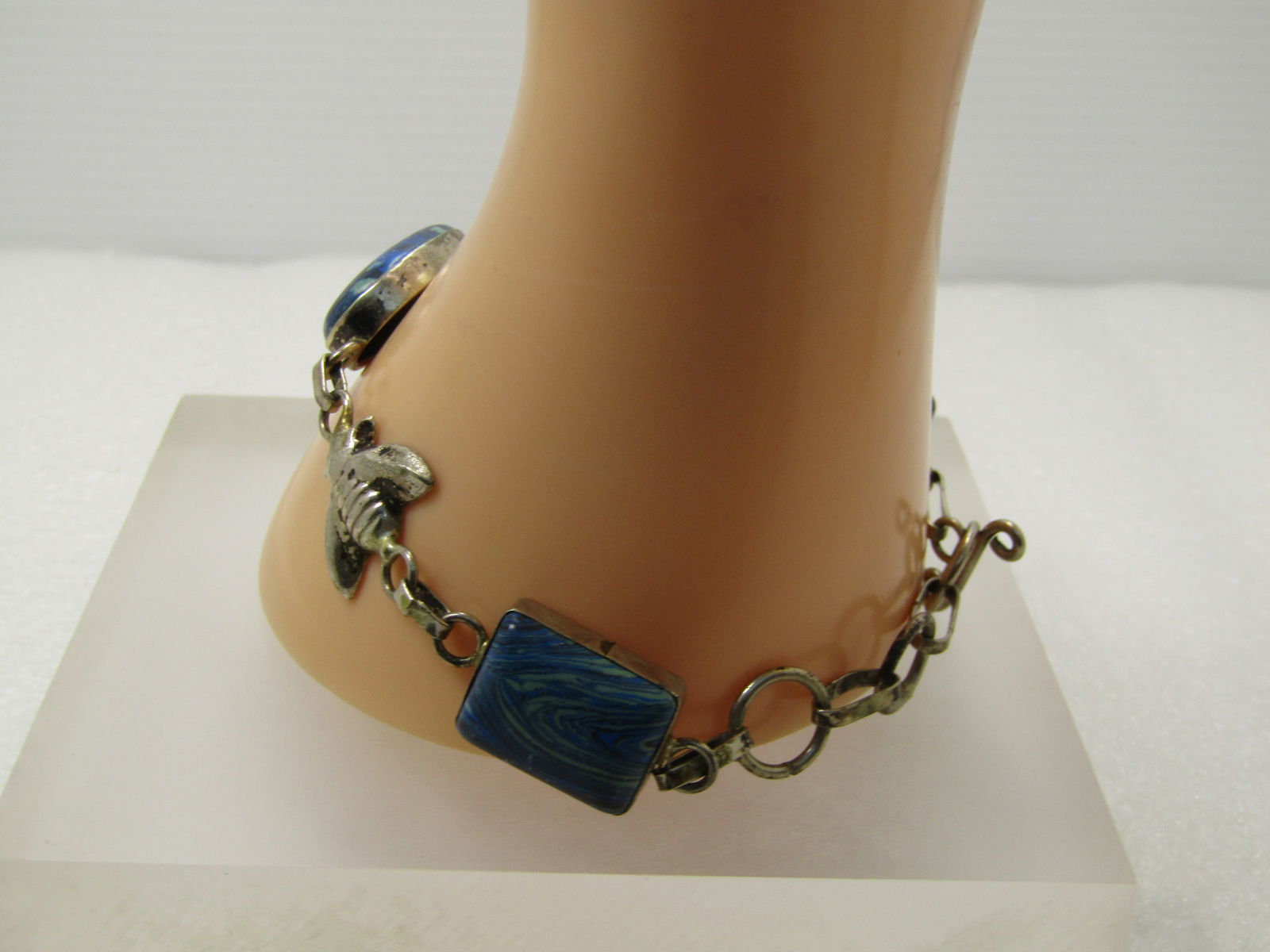 Vintage Faux Blue Agate Bee Link Bracelet, Silver Tone, Toggle Clasp, 7"-8", 1990's - 2