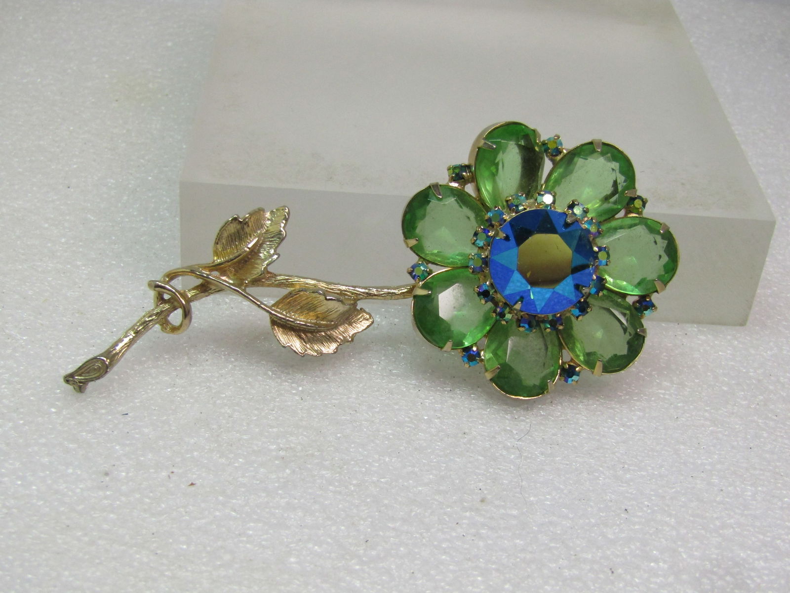 Vintage Green and Peacock AB Rhinestone Brooch, Floral Stem, 4" by 1-7/8", 1960's (1 of 5)