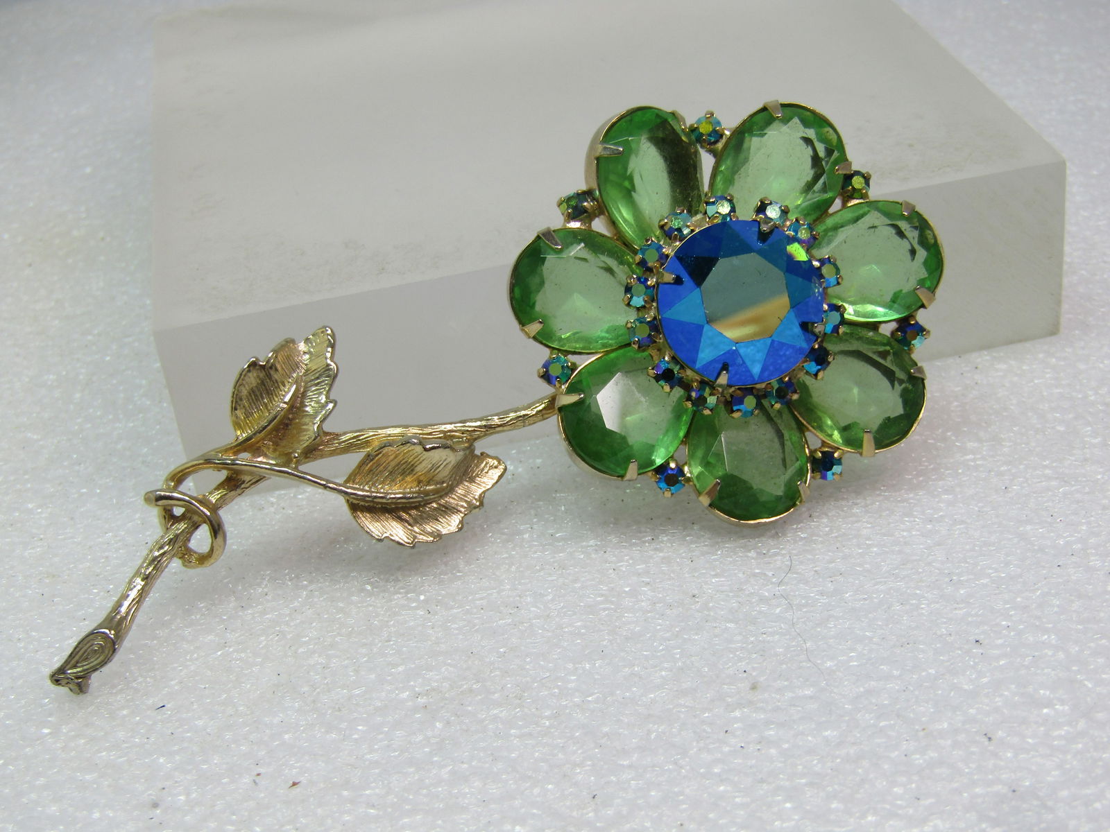 Vintage Green and Peacock AB Rhinestone Brooch, Floral Stem, 4" by 1-7/8", 1960's - 2