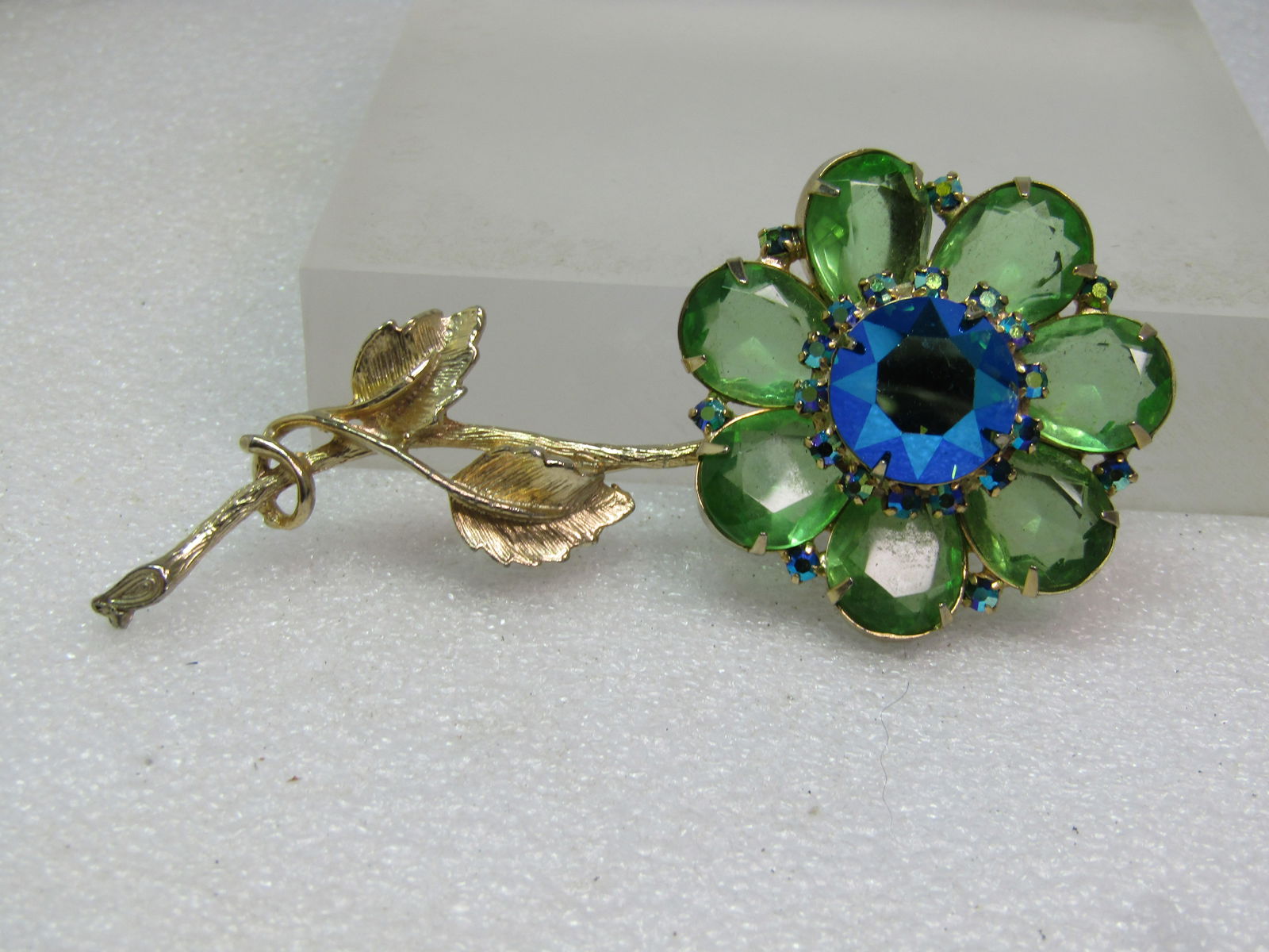 Vintage Green and Peacock AB Rhinestone Brooch, Floral Stem, 4" by 1-7/8", 1960's - 3