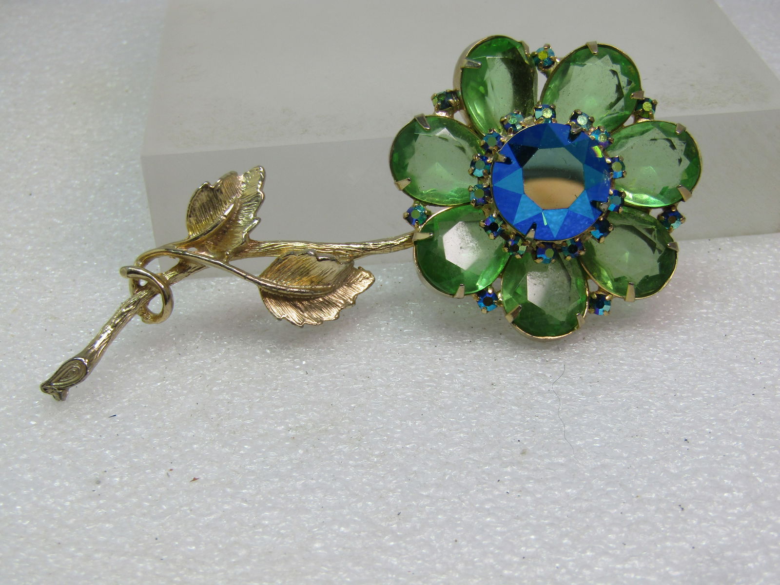 Vintage Green and Peacock AB Rhinestone Brooch, Floral Stem, 4" by 1-7/8", 1960's - 4