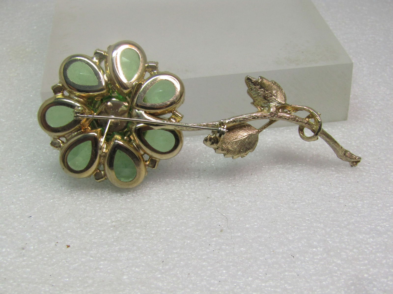 Vintage Green and Peacock AB Rhinestone Brooch, Floral Stem, 4" by 1-7/8", 1960's - 5