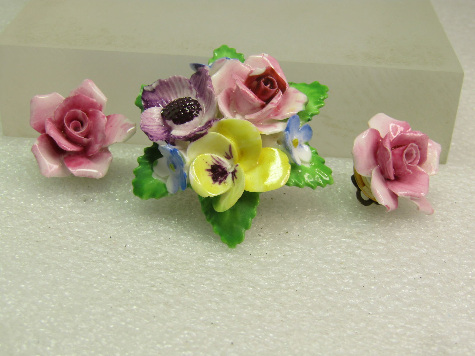 Vintage Porcelain Floral Brooch & Clip Earrings, 1960's-1970's, Signed Adderly, England - 2