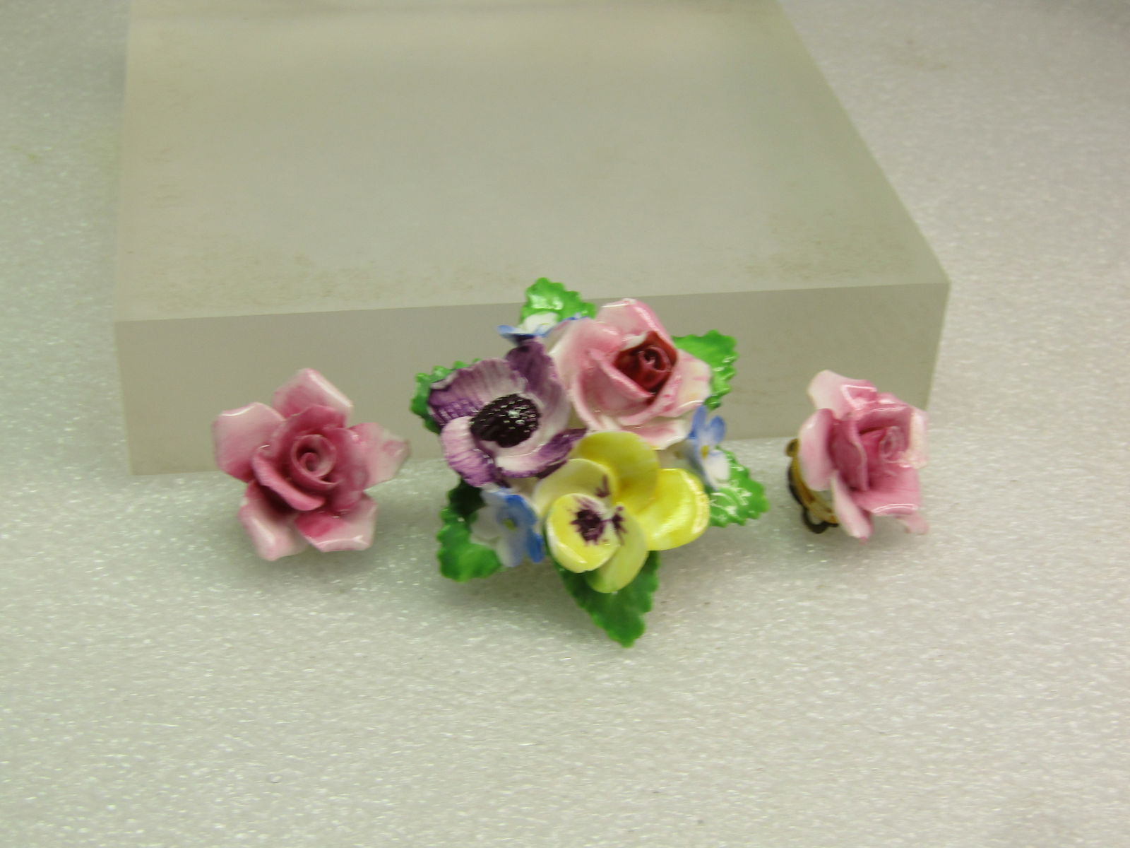 Vintage Porcelain Floral Brooch & Clip Earrings, 1960's-1970's, Signed Adderly, England - 4