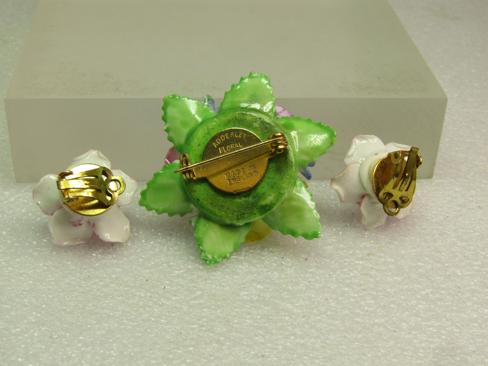 Vintage Porcelain Floral Brooch & Clip Earrings, 1960's-1970's, Signed Adderly, England - 5