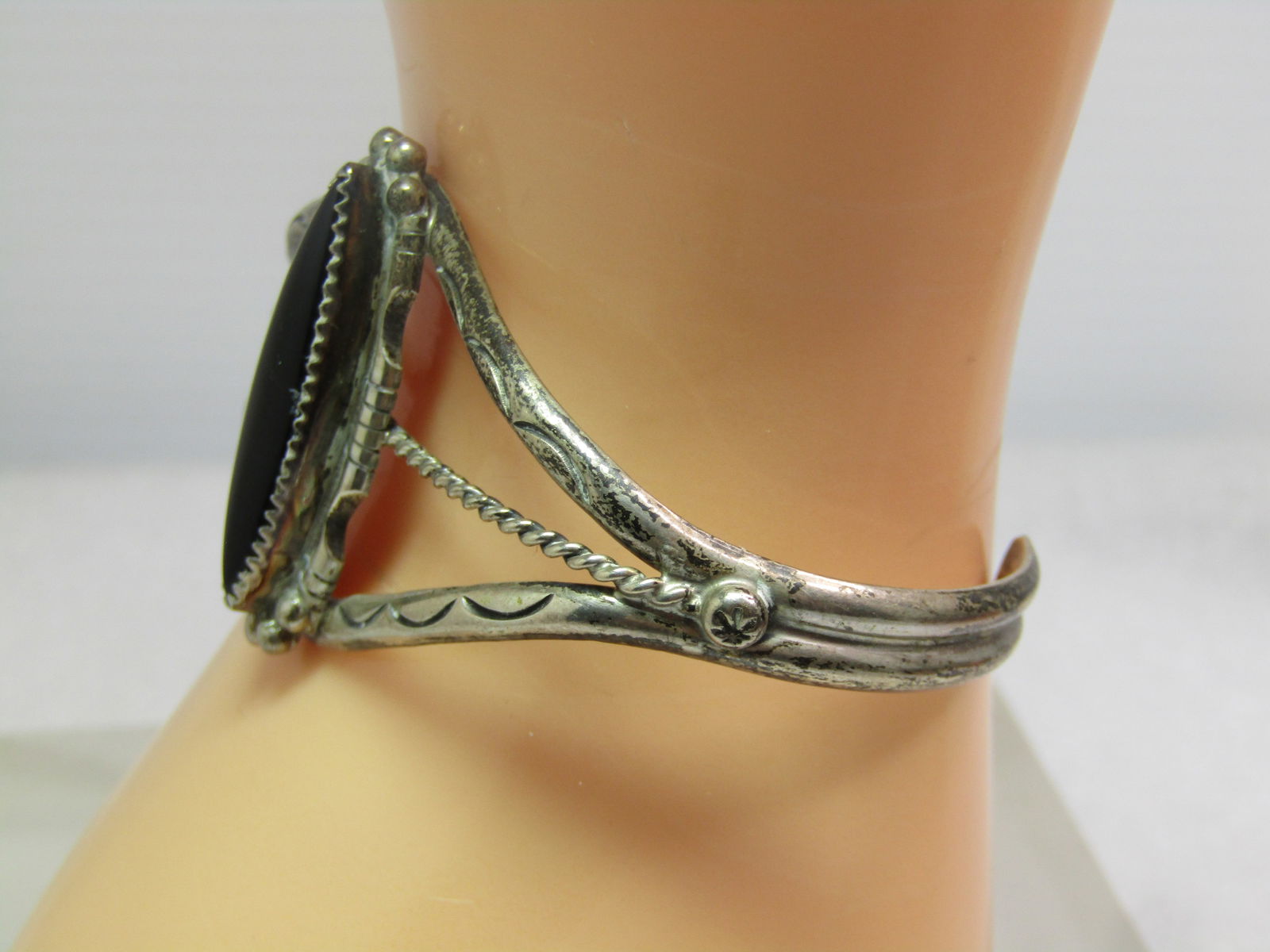 Vintage Sterling Southwestern/Navajo Onyx Cuff Bracelet, 6.5", 1970's-1980's, Signed - 2
