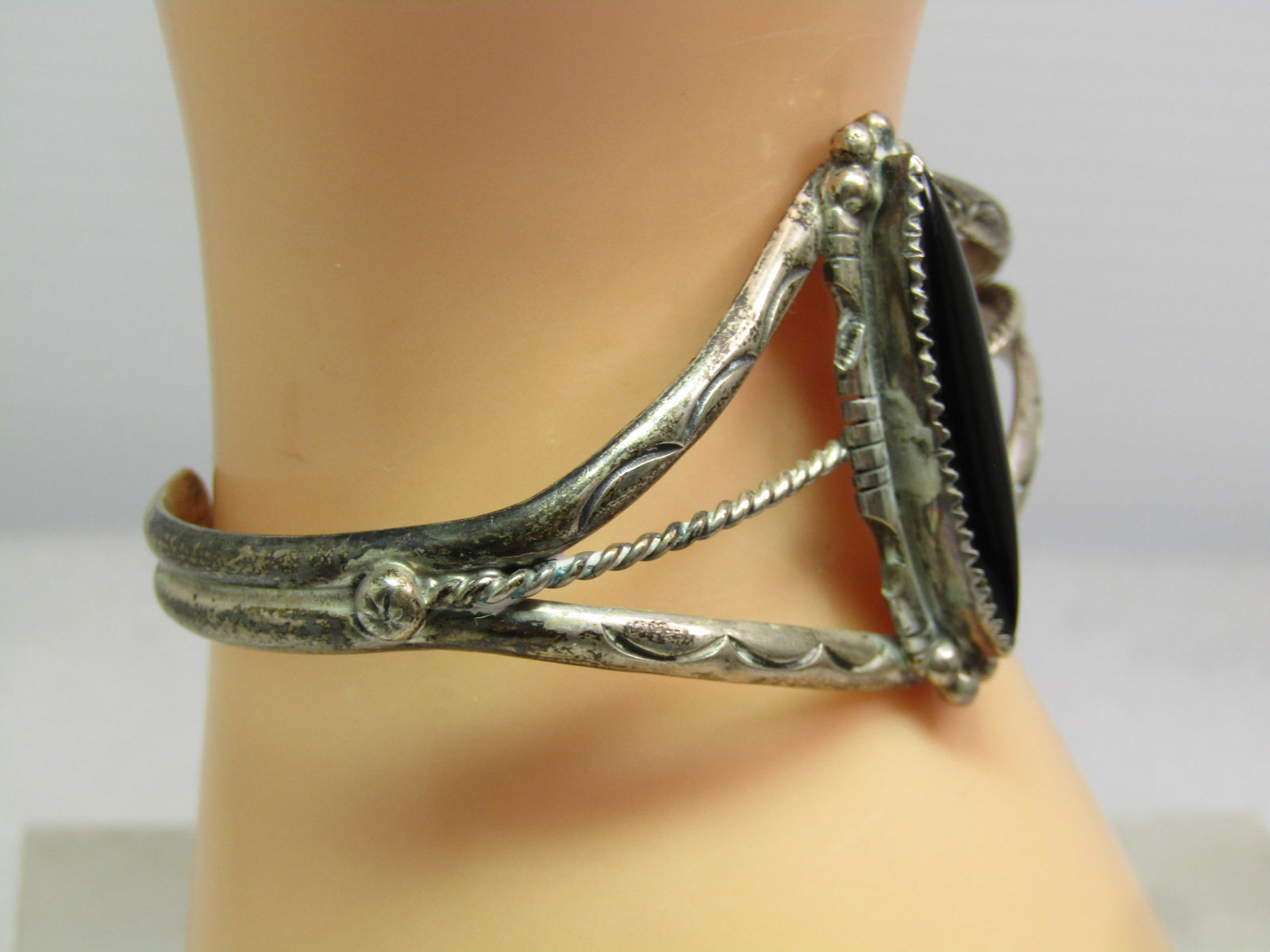 Vintage Sterling Southwestern/Navajo Onyx Cuff Bracelet, 6.5", 1970's-1980's, Signed - 3