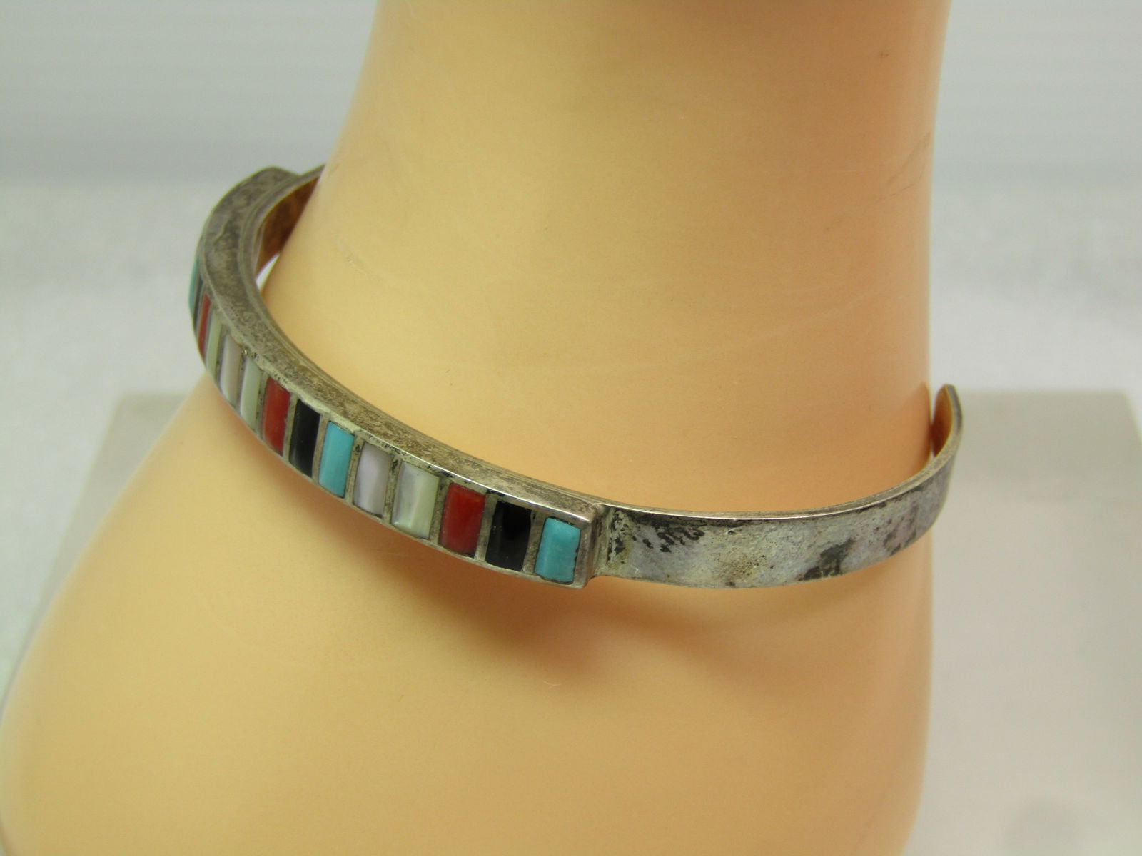 Vintage Sterling Southwestern Inlaid Cuff Bracelet, Mixed Stones, 6.75", 1970's - 2