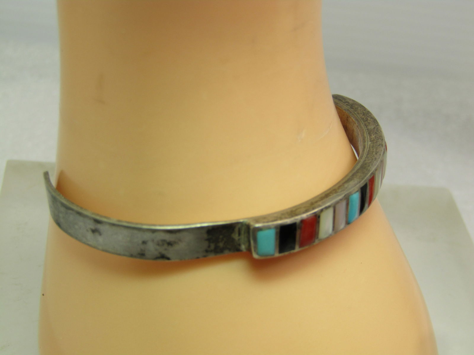 Vintage Sterling Southwestern Inlaid Cuff Bracelet, Mixed Stones, 6.75", 1970's - 3