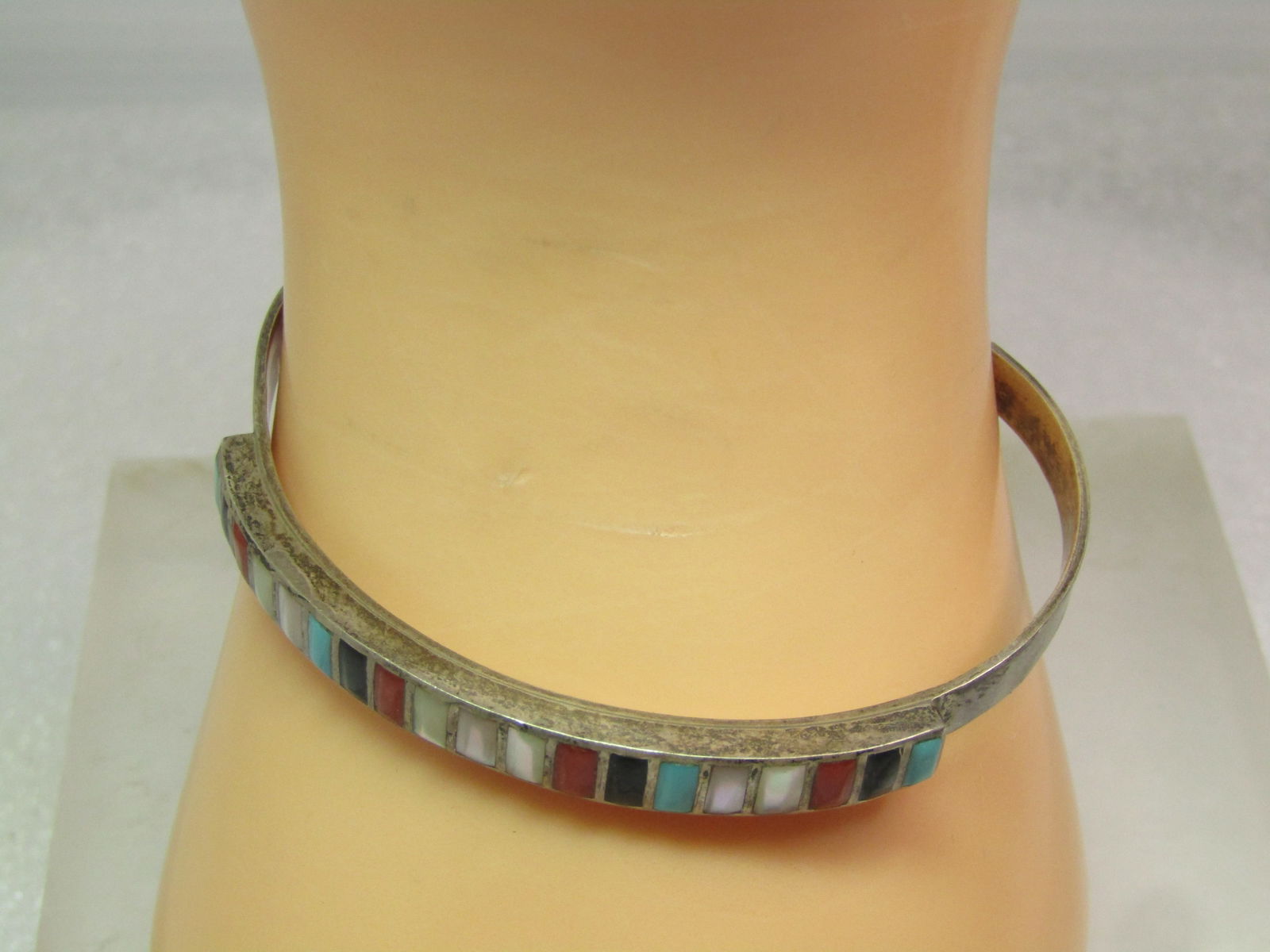 Vintage Sterling Southwestern Inlaid Cuff Bracelet, Mixed Stones, 6.75", 1970's - 4