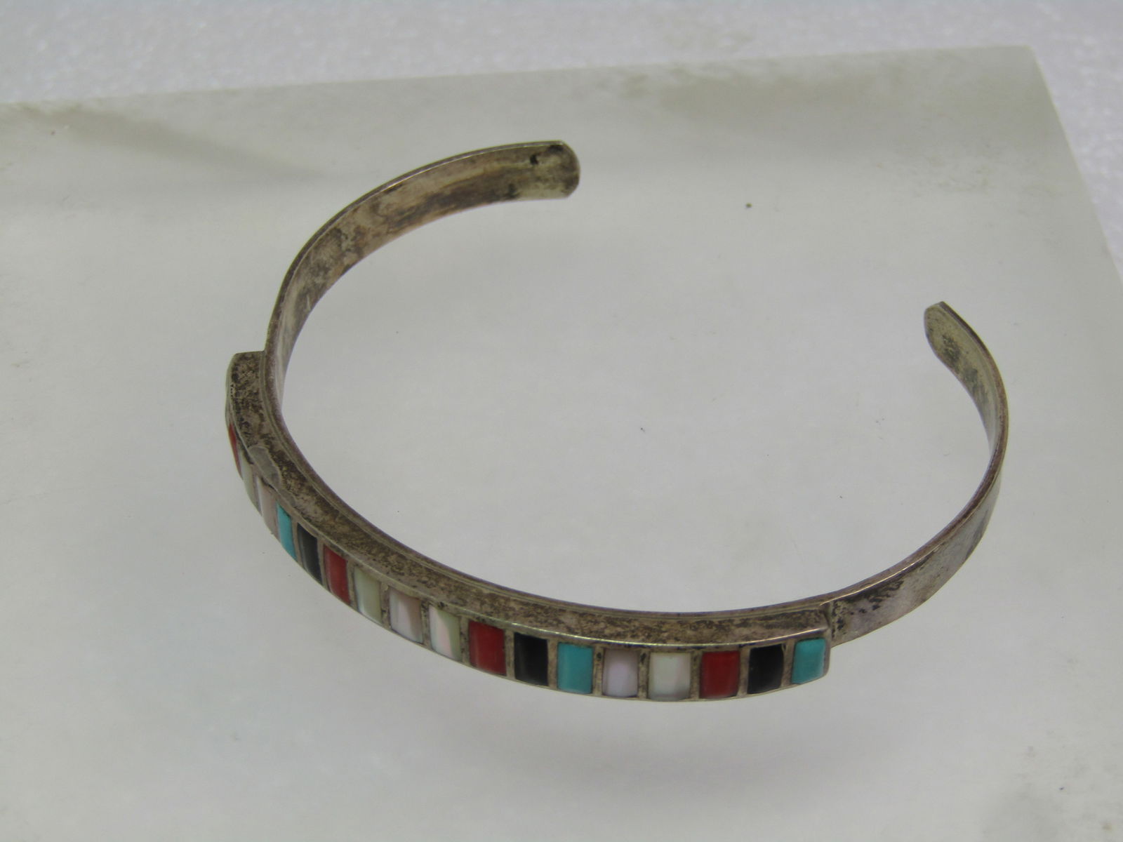 Vintage Sterling Southwestern Inlaid Cuff Bracelet, Mixed Stones, 6.75", 1970's - 5