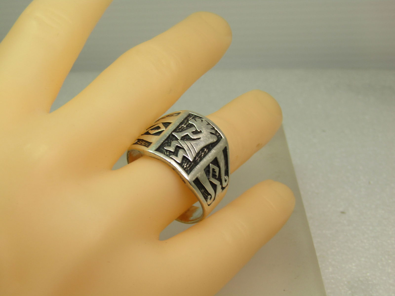 Vintage Sterling Kokopeli Ring, Sz. 14, Wide Statement, 1970's-1980's Signed - 9
