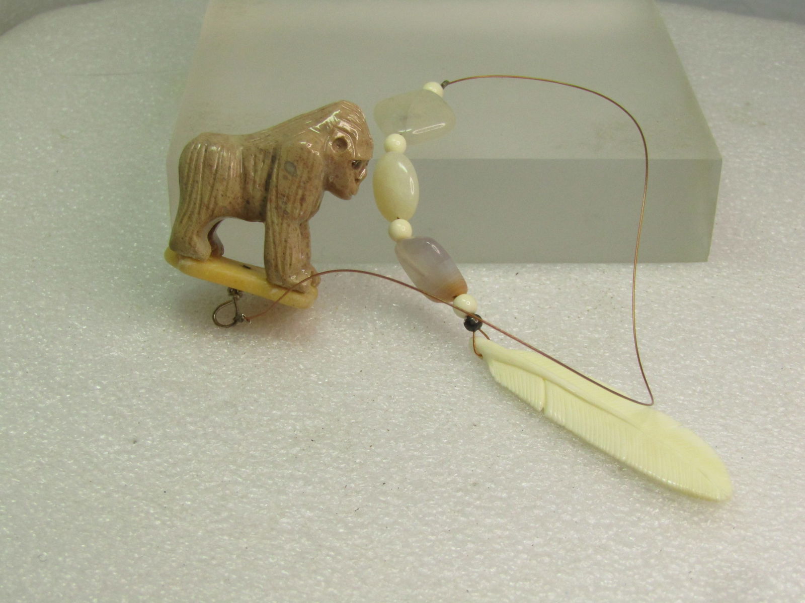 Carved Gorilla Fan Pull/Suncatcher with Carved Feather & Agate - 2