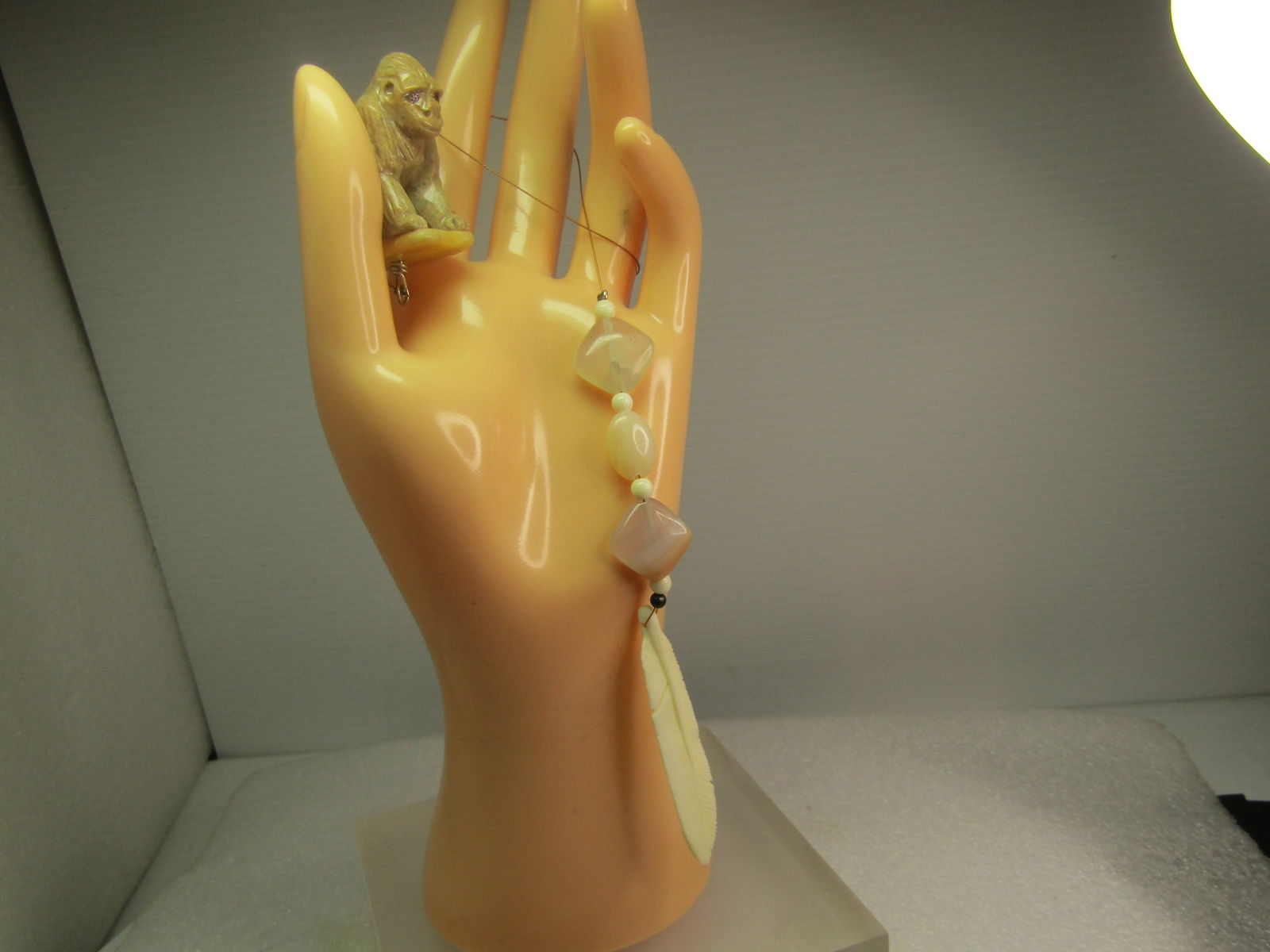 Carved Gorilla Fan Pull/Suncatcher with Carved Feather & Agate - 7