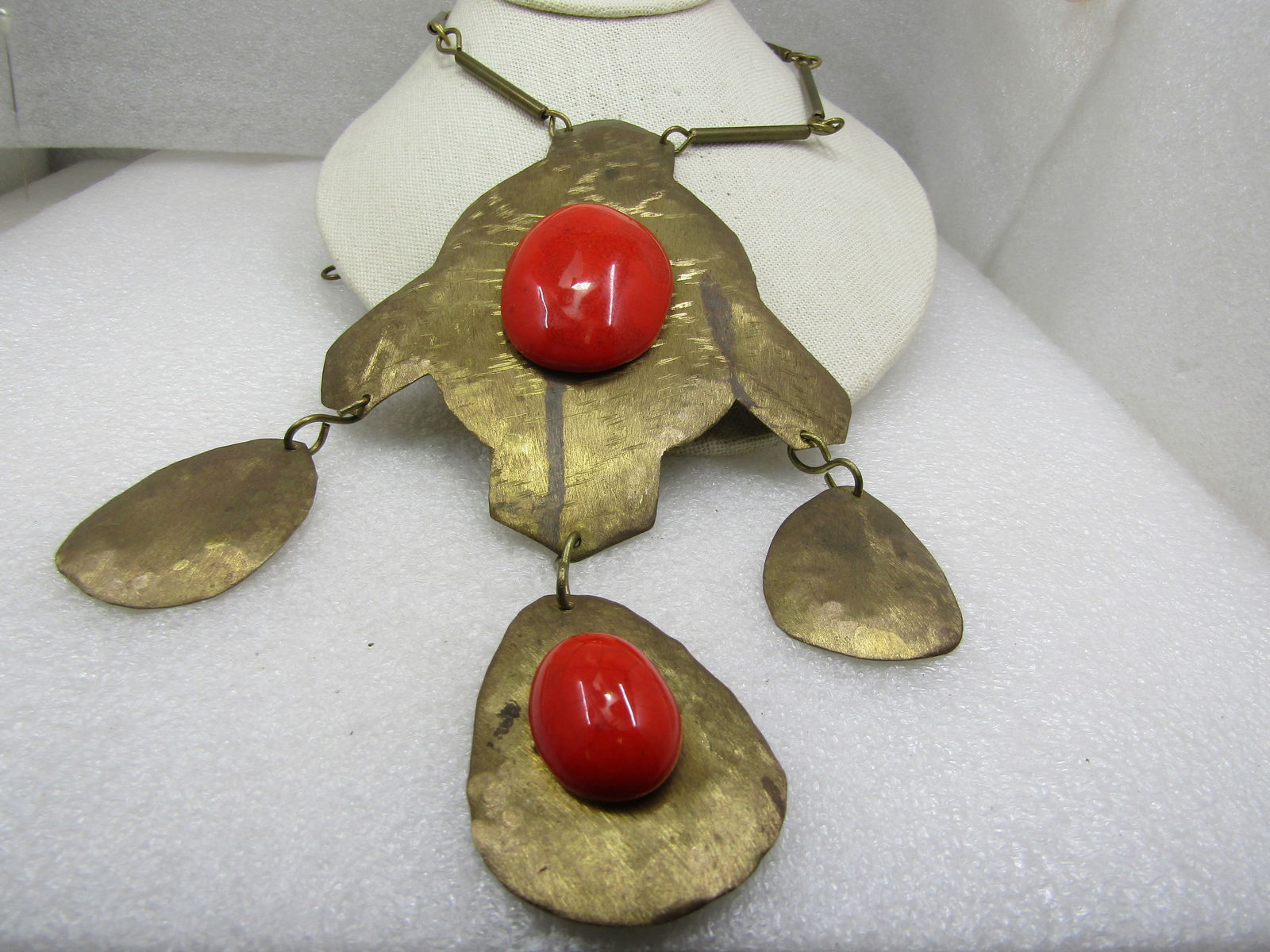 Vintage Rustic Brass Statement Necklace with Paprika Toned Cabochons, 30" - 2