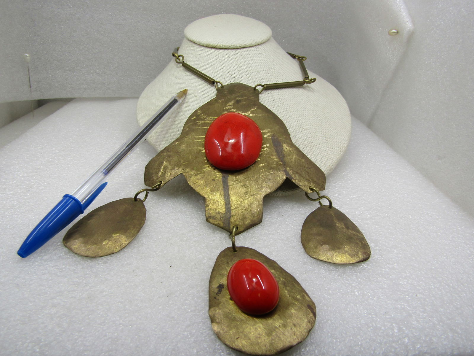 Vintage Rustic Brass Statement Necklace with Paprika Toned Cabochons, 30" - 3