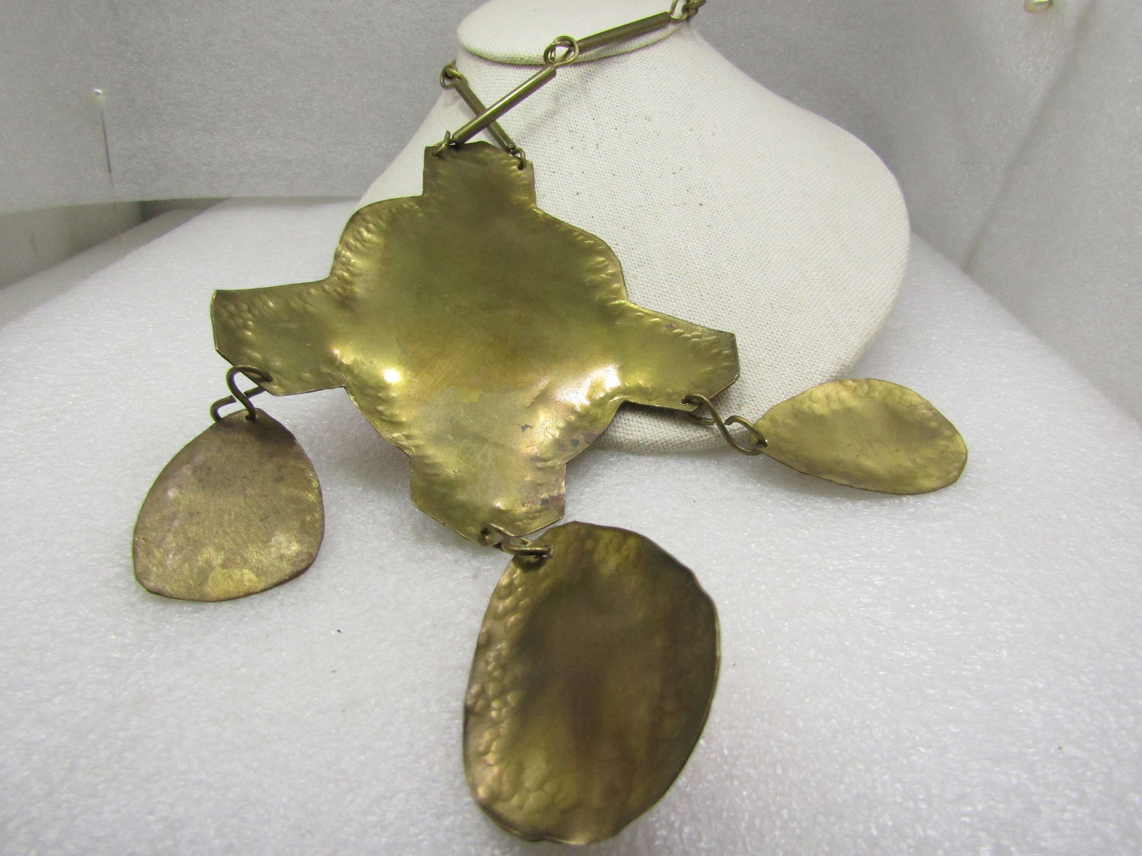 Vintage Rustic Brass Statement Necklace with Paprika Toned Cabochons, 30" - 4