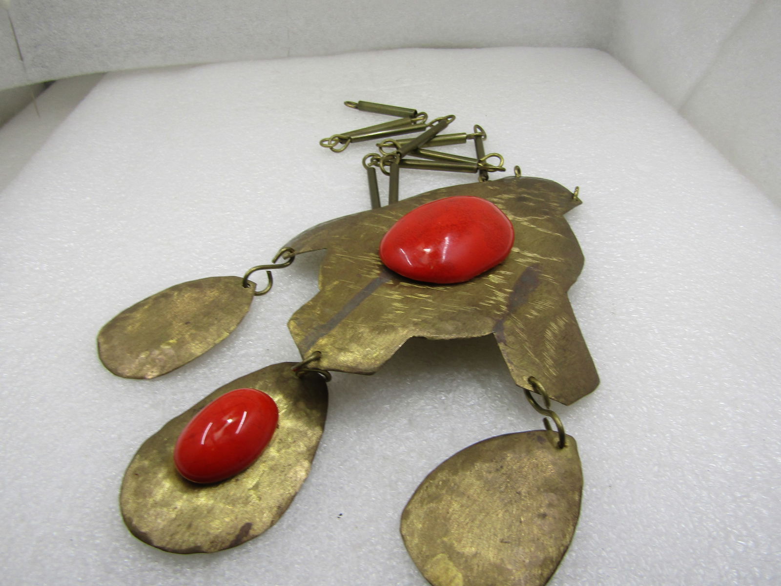 Vintage Rustic Brass Statement Necklace with Paprika Toned Cabochons, 30" - 5