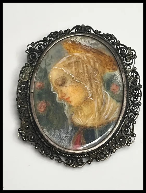 Vintage Filigree Silver 800 Framed Portrait Brooch - 2