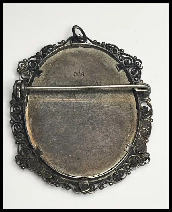 Vintage Filigree Silver 800 Framed Portrait Brooch - 4