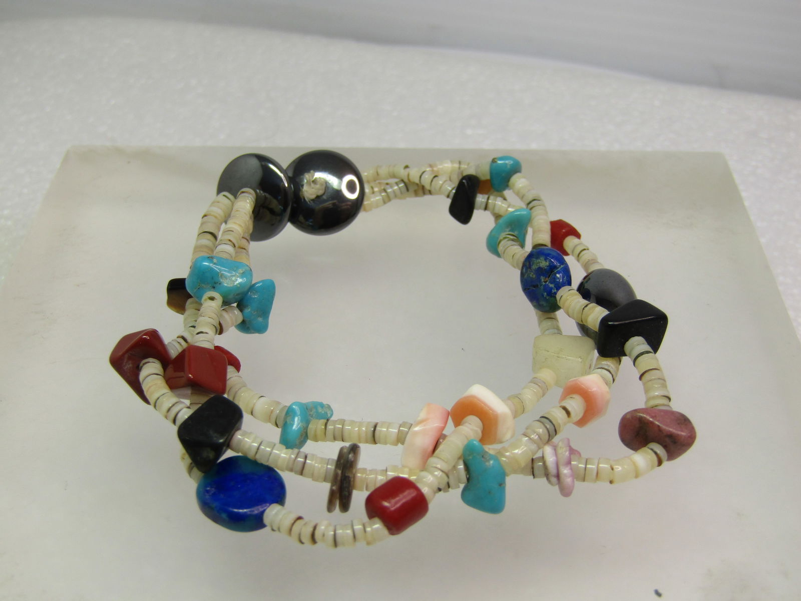 Vintage Southwestern Heishi Shell/Turquoise/Agate Bracelet, Triple Strand, 7.25", 1980's-1990's - 2