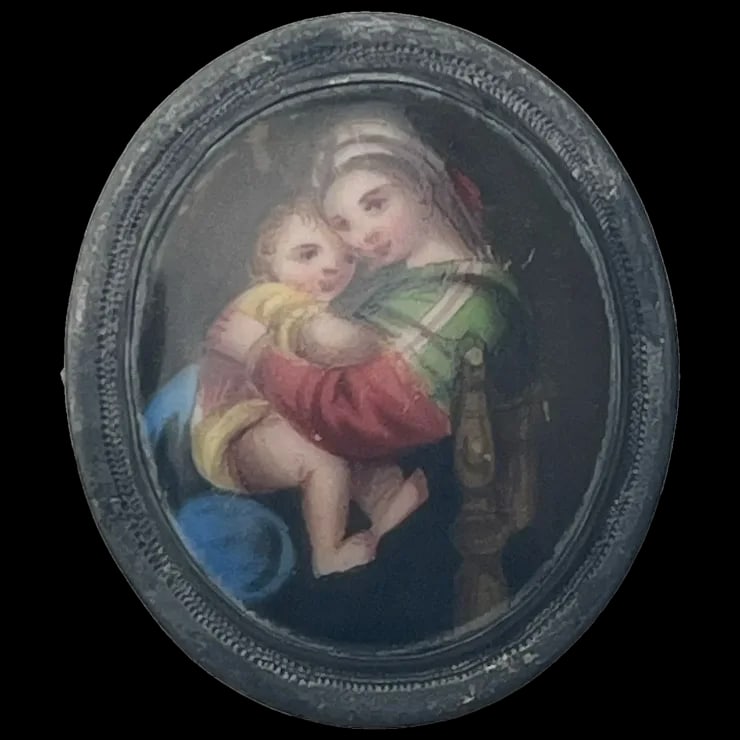 Vintage Silver & Porcelain Portrait Brooch: Title: Vintage Silver & Porcelain Portrait Brooch Description: Vintage Silver & Porcelain Portrait BroochSilver 800Weighs 2.6 gramsMeasures 1 x .75 inchesHallmarked with an initial on the back of the