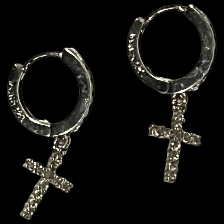 Estate Sterling Silver Small Cross Dangle Huggie Hoop Earring: Title: Estate Sterling Silver Small Cross Dangle Huggie Hoop Earring Description: Estate Sterling Silver Small Cross Dangle Huggie Hoop Earring Hallmarked 925 ChinaSterling SilverWeighs 1.7Measures .7