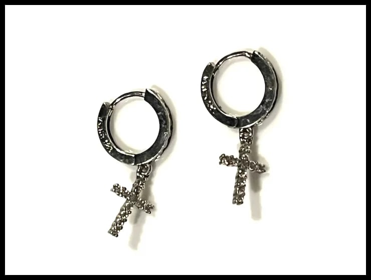 Estate Sterling Silver Small Cross Dangle Huggie Hoop Earring - 2