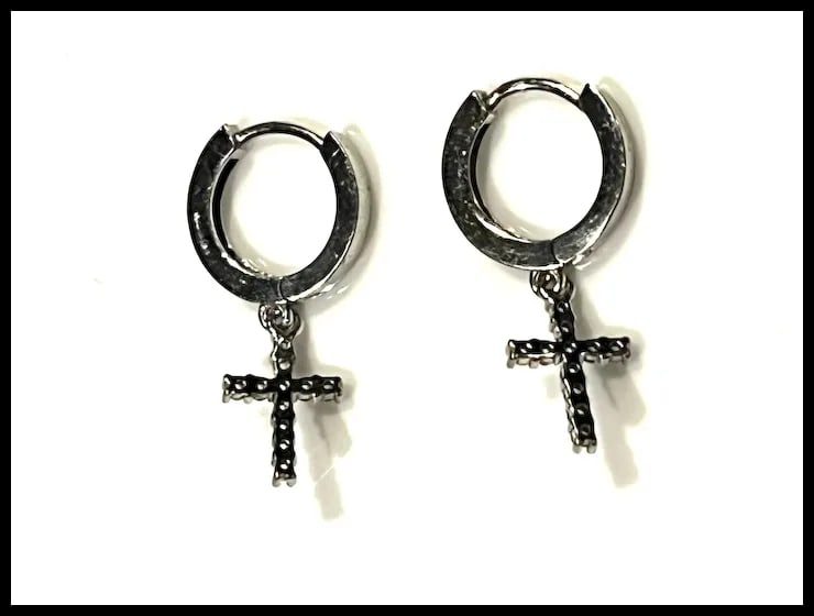 Estate Sterling Silver Small Cross Dangle Huggie Hoop Earring - 3