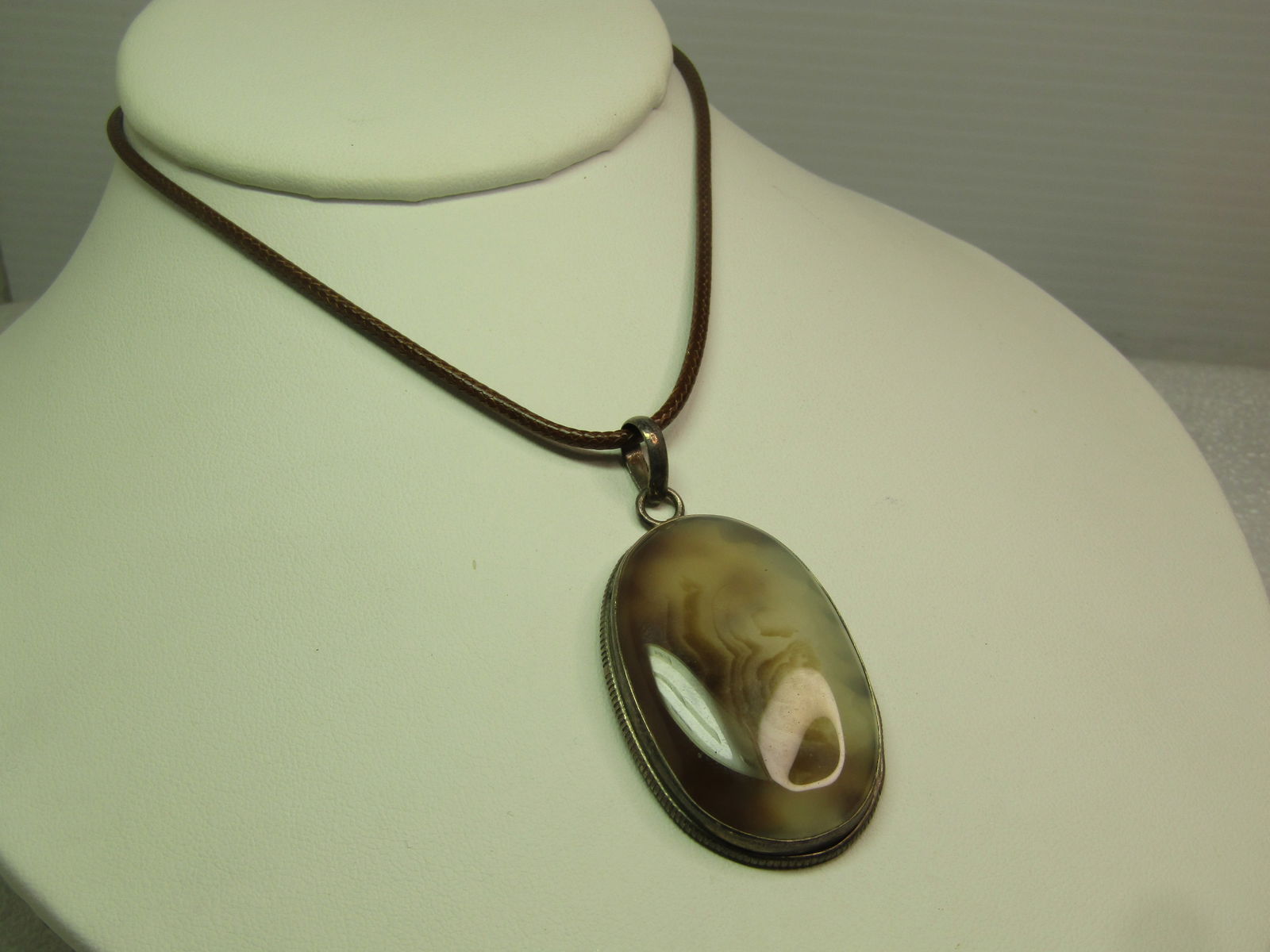 Vintage Sterling Brown/White Agate Pendant, on Brown Cord Necklace, 18"-20", 1970's-1980's, - 2