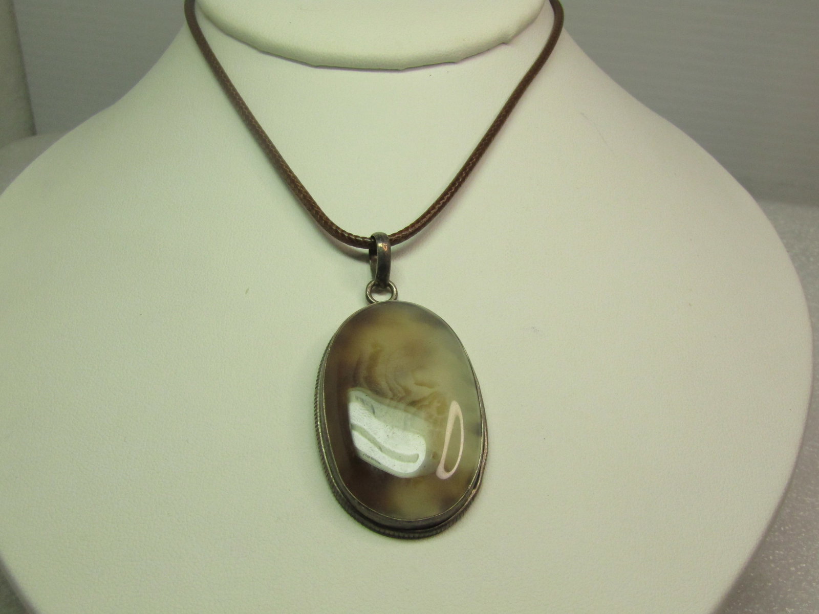 Vintage Sterling Brown/White Agate Pendant, on Brown Cord Necklace, 18"-20", 1970's-1980's, - 3