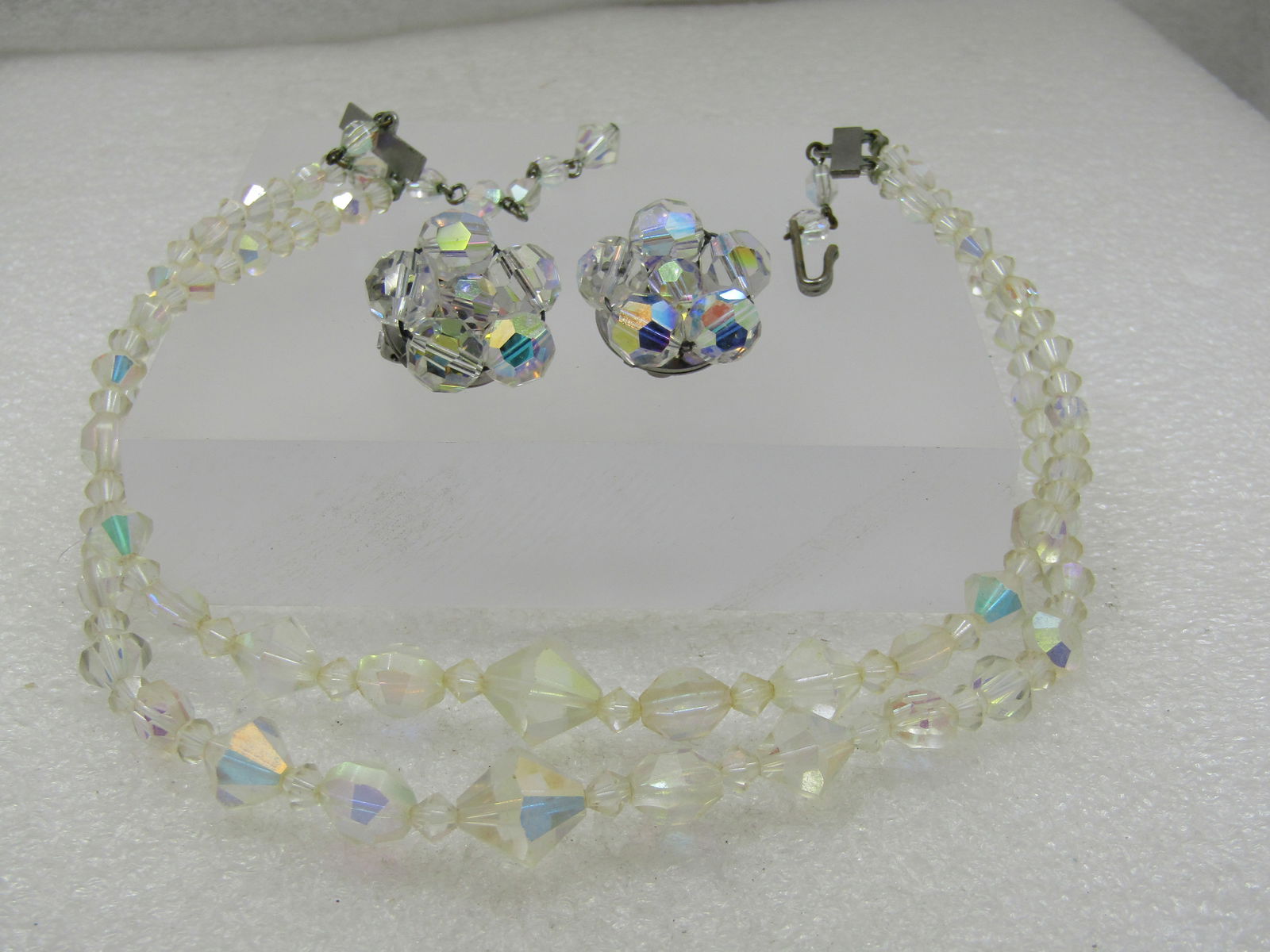 Vintage Double Strand Aurora Borealis Neckace & Earrings Demi Parure, Mid-Century, Elco - 2