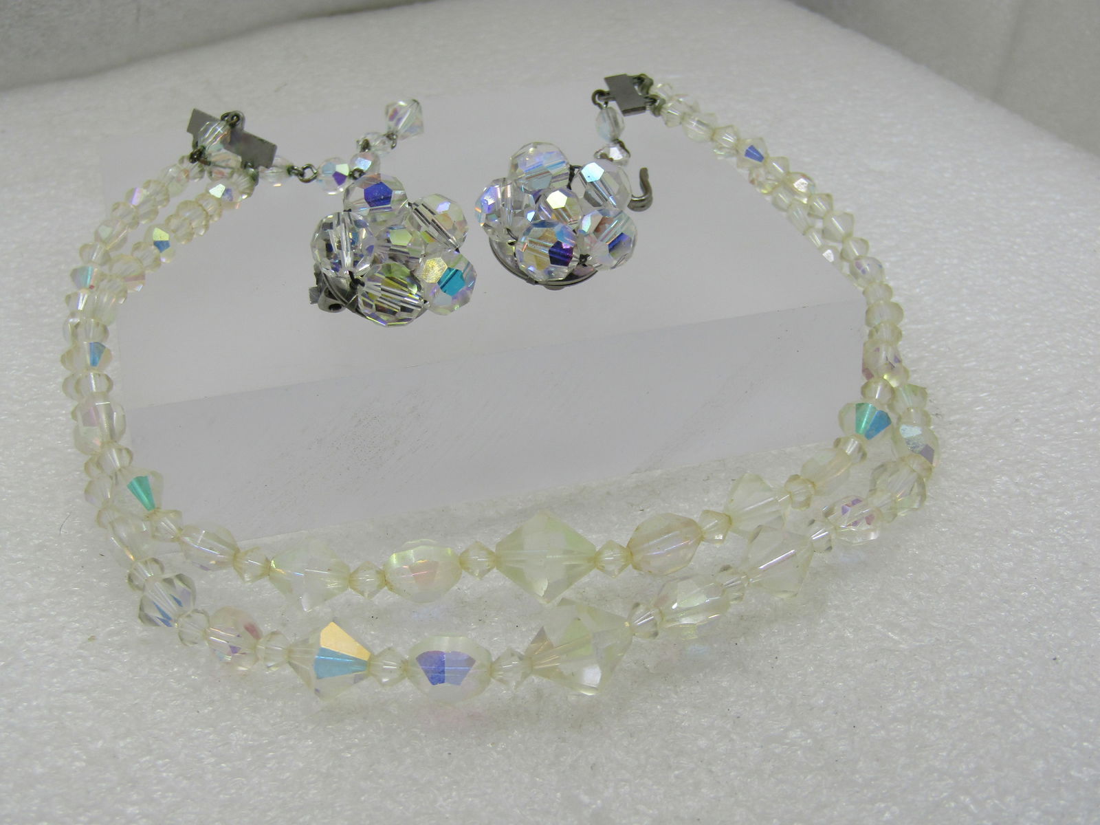 Vintage Double Strand Aurora Borealis Neckace & Earrings Demi Parure, Mid-Century, Elco - 3