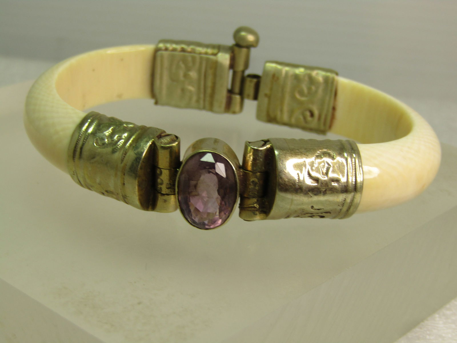 Vintage Bone Cuff Bracelet with Amethyst, Pin Clasp, 6.75", 1970's-1980's - 2