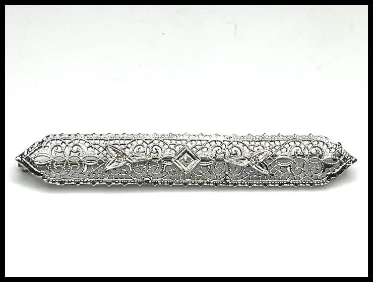 Art Deco 14k White Gold Filigree Diamond Brooch/ Pin - 2