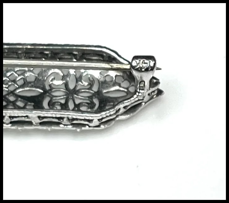 Art Deco 14k White Gold Filigree Diamond Brooch/ Pin - 4