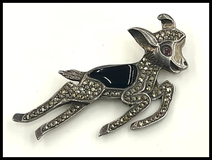 Vintage Sterling Silver Marcasite Fawn Deer Pin/ Bambi Brooch with Red Rhinestone Eyes - 2