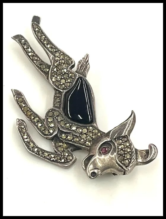 Vintage Sterling Silver Marcasite Fawn Deer Pin/ Bambi Brooch with Red Rhinestone Eyes - 3