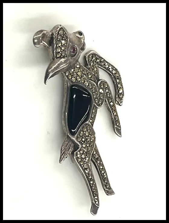 Vintage Sterling Silver Marcasite Fawn Deer Pin/ Bambi Brooch with Red Rhinestone Eyes - 4