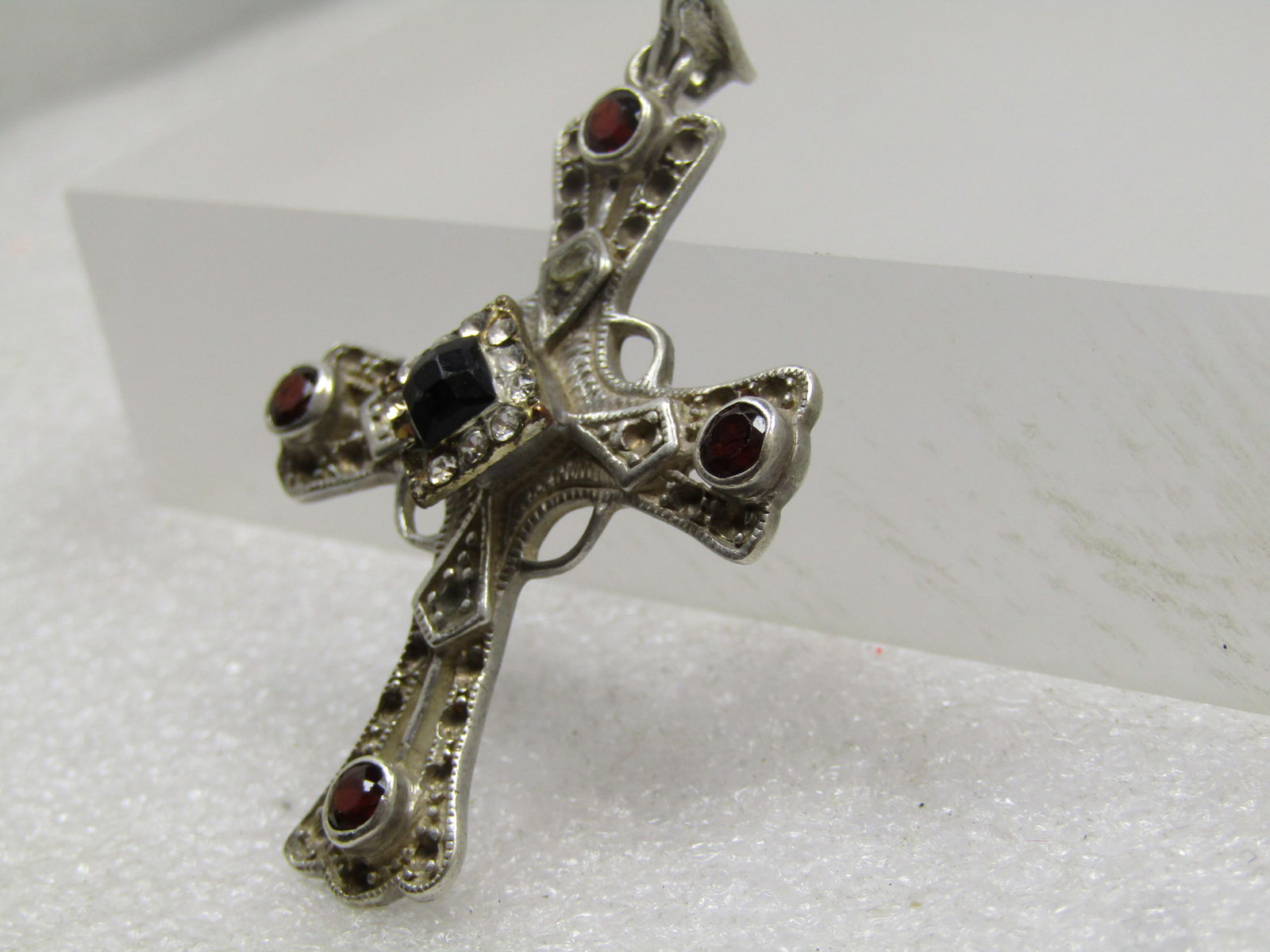 Vintage Sterling Cross Pendant, Black/Clear Glass Stones , 1980's-1990's - 2