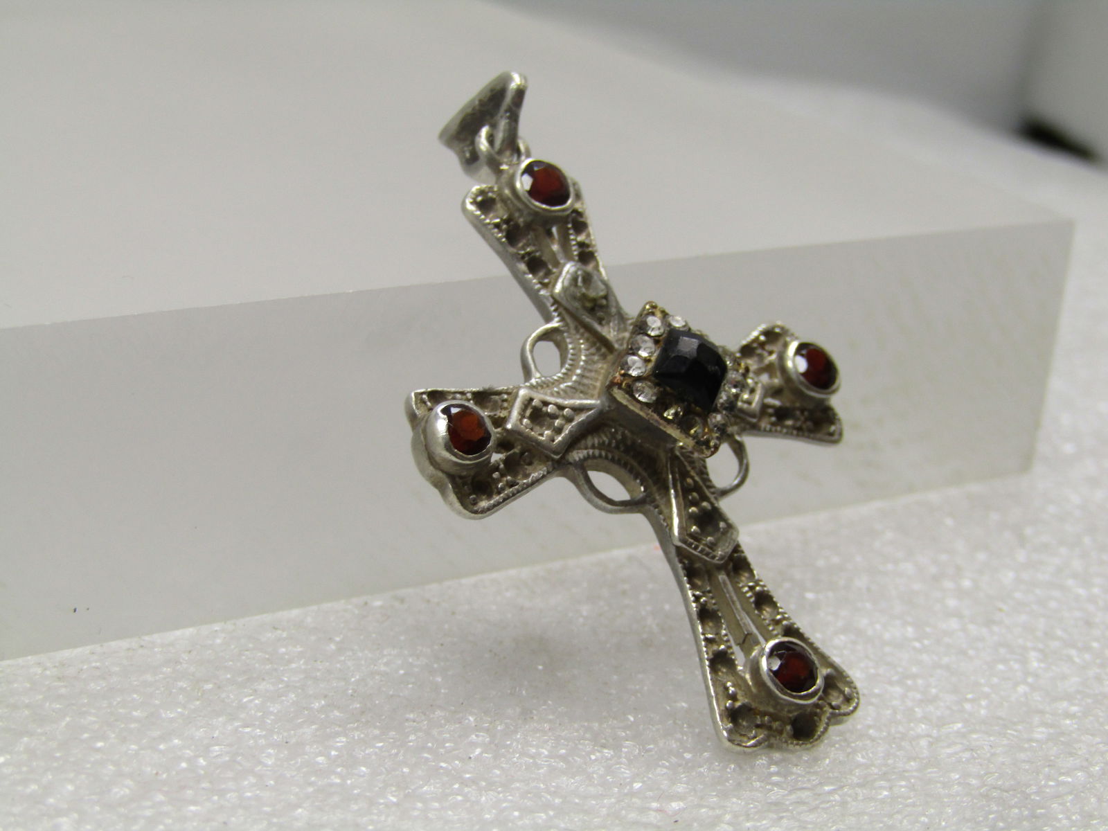 Vintage Sterling Cross Pendant, Black/Clear Glass Stones , 1980's-1990's - 3