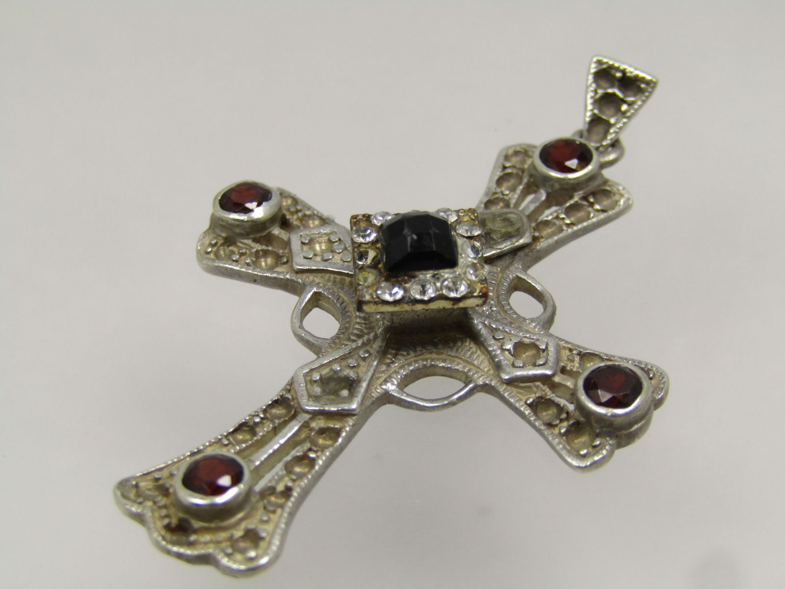 Vintage Sterling Cross Pendant, Black/Clear Glass Stones , 1980's-1990's - 5