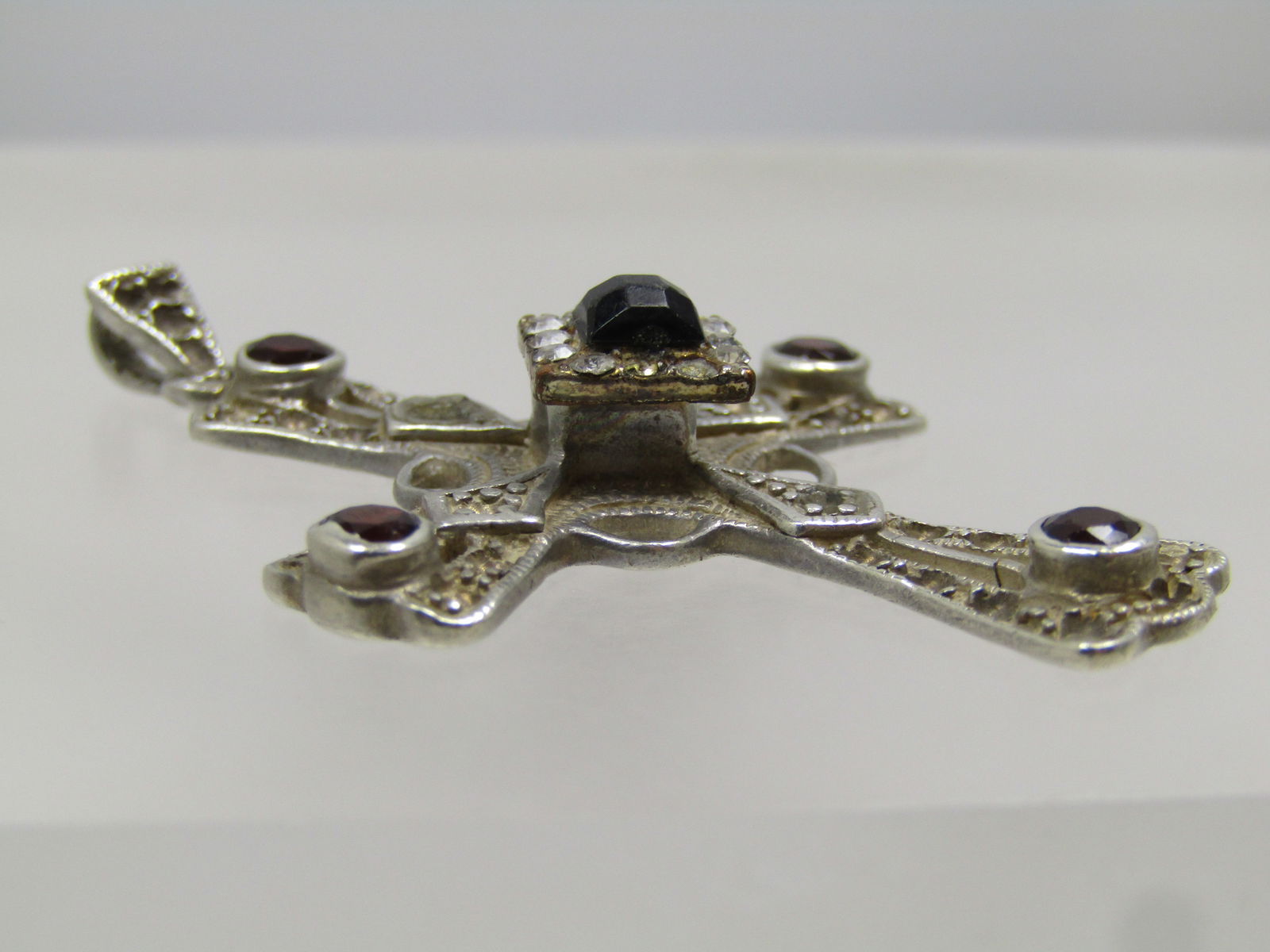 Vintage Sterling Cross Pendant, Black/Clear Glass Stones , 1980's-1990's - 6