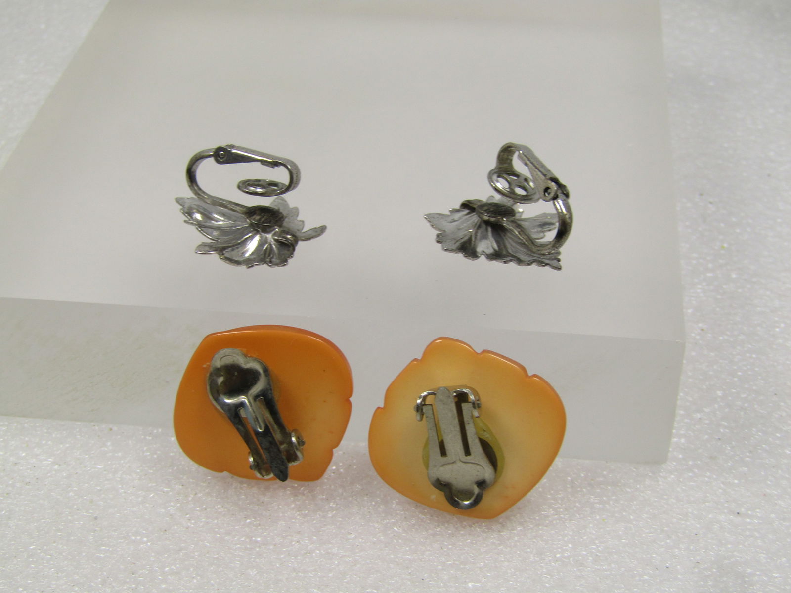 Vintage Sterling Leaf & Orange Thermoset Earrings, Clip, 2 Pr. 1950's-1960's - 2